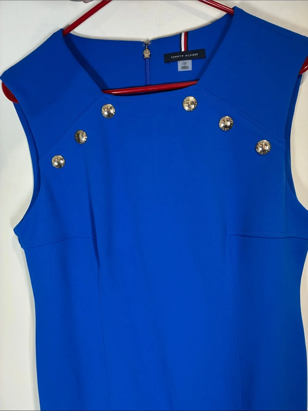 Tommy Hilfiger Blue Sheath Dress Silver Logo Buttons Size 12 Career